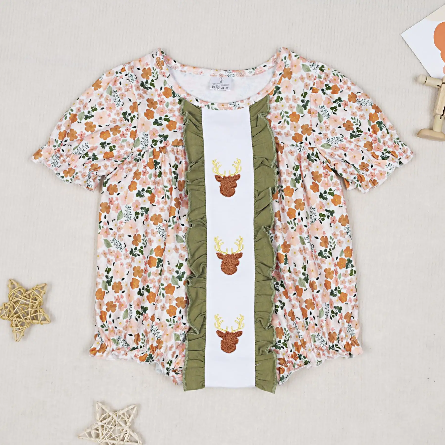 

New Born 0-3T Bubble Romper Babi Girls Clothes Deer French Knot Jumpsuit Bodysuit Short Sleeve Ruffle Shorts Floral One Piece