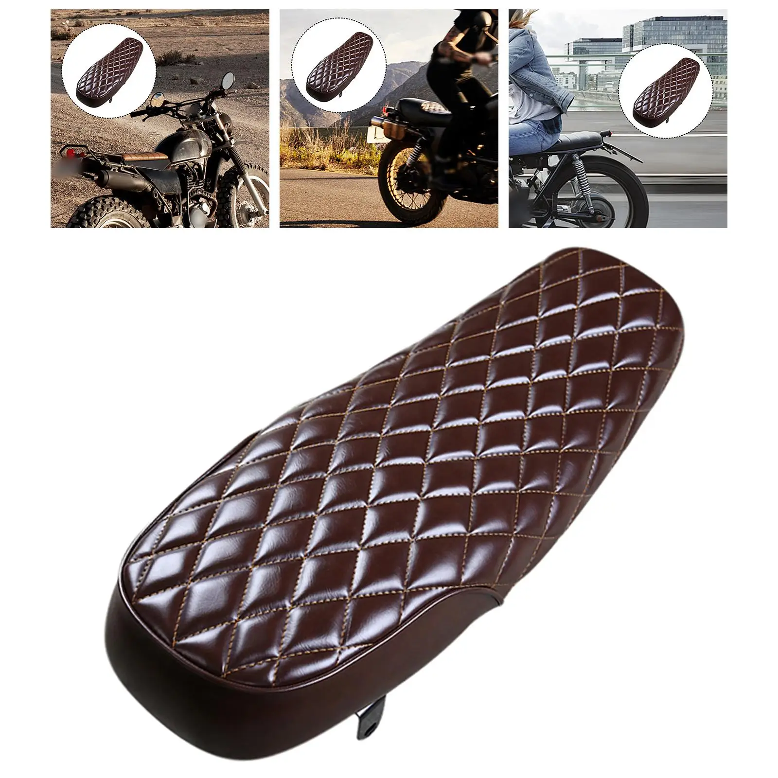 Фото Коричневое мотоциклетное сиденье-седло в стиле Cafe Racer, винтажное, с ромбовидным узором, для комфортной универсальной индивидуальной езды №1