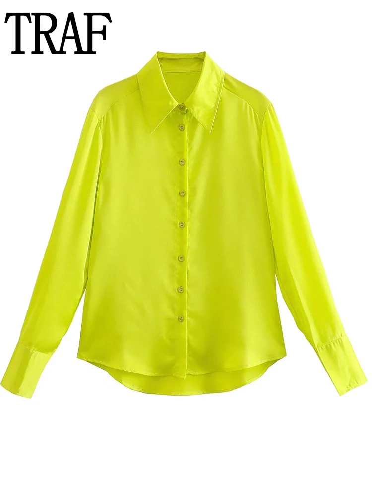 

TRAF 2022 Women's Satin Blouse Collared Button Up Shirt Woman Long Sleeve Top Female Yellow Spring Casual Blouses For Women