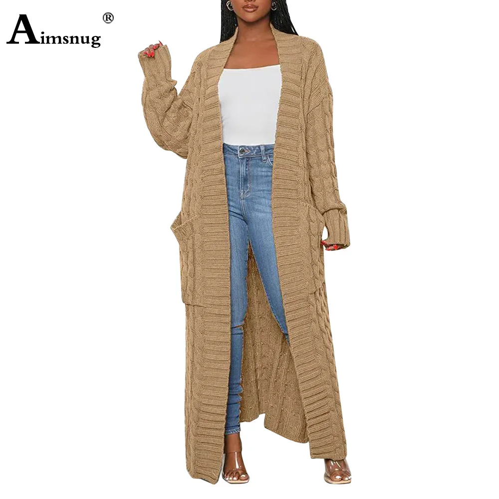 

Women's Cardigan Sweater 2022 Winter New X-Long Coats Twisted Rope Apricot Black Knitted Sweaters Women Stand Pockets Jumpers