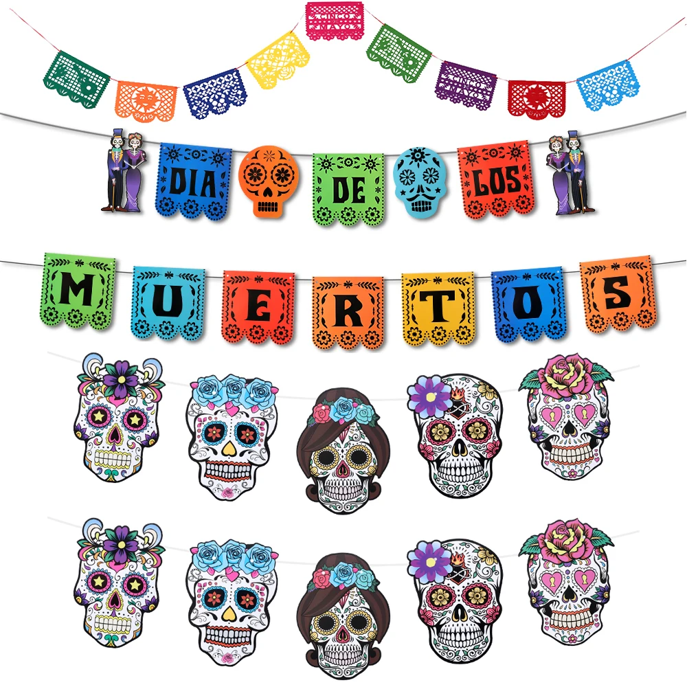 

Fiesta Mexico Day of The Dead Theme Skull Banner Multicolor Mexican Photography Backdrop with Photo Booth Props Party Decor