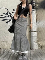 y2k gray midi skirts patchwork pleated trumpet long grunge skirts korean streetwear women techwear clothes retro 90s