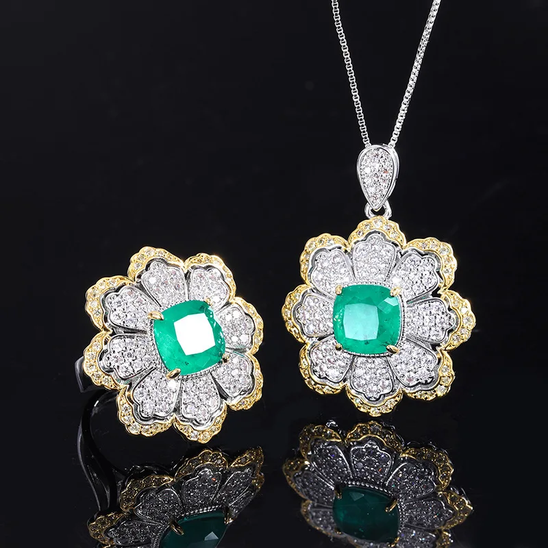 

Sparkling 9.5*9.5mm Paraiba Tourmaline Cubic Zirconia Flower Pendant Necklace Ring For Women Luxury Jewelry Set Free Shipping