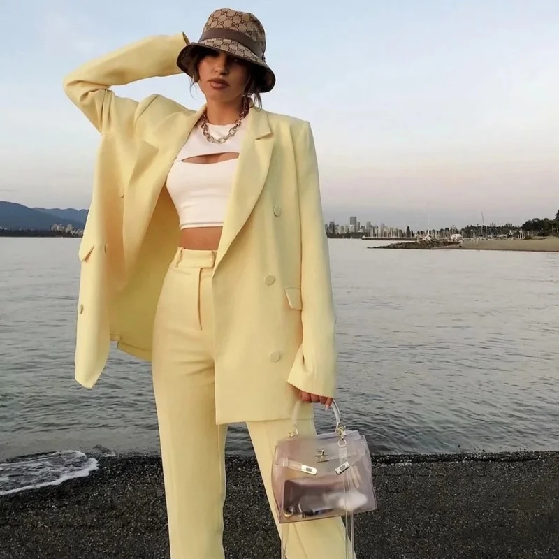 

Женский офисный костюм из двух предметов, повседневный однотонный двубортный Блейзер и прямые брюки с высокой талией, желтый Блейзер, 2022