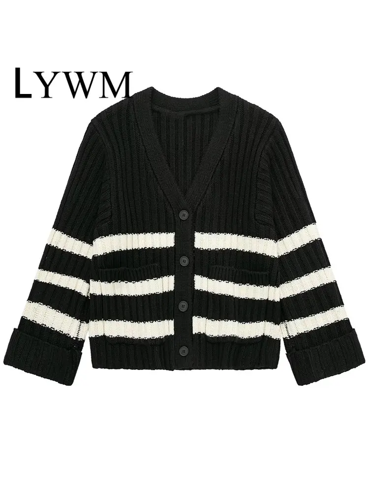 

LYWM Women Fashion Striped Single Breasted Cardigan Sweater Vintage Long Sleeves V-Neck Female Chic Lady Outfits