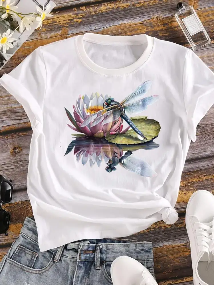 

Fashion T Shirt Short Sleeve Graphic T-shirt Women Female Dragonfly Watercolor Style Clothes Print Top Ladies Clothing Tee