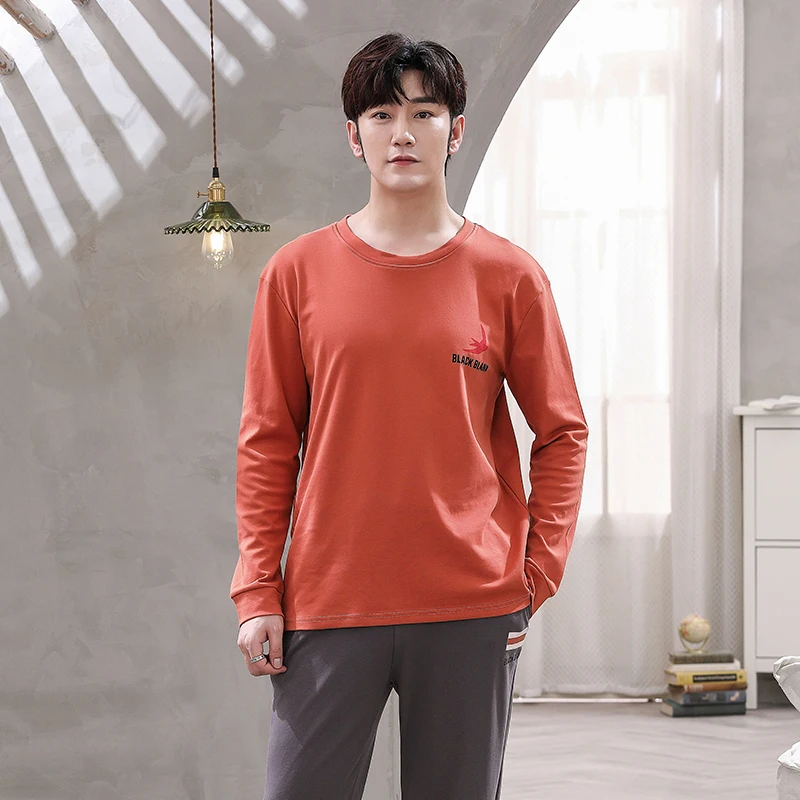 QUHENG Autumn Men Pajama Sets Cotton Pijama Round Neck Male 2 Pieces Sets Casual Homewear Sleepwear Long Sleeve Nightwear