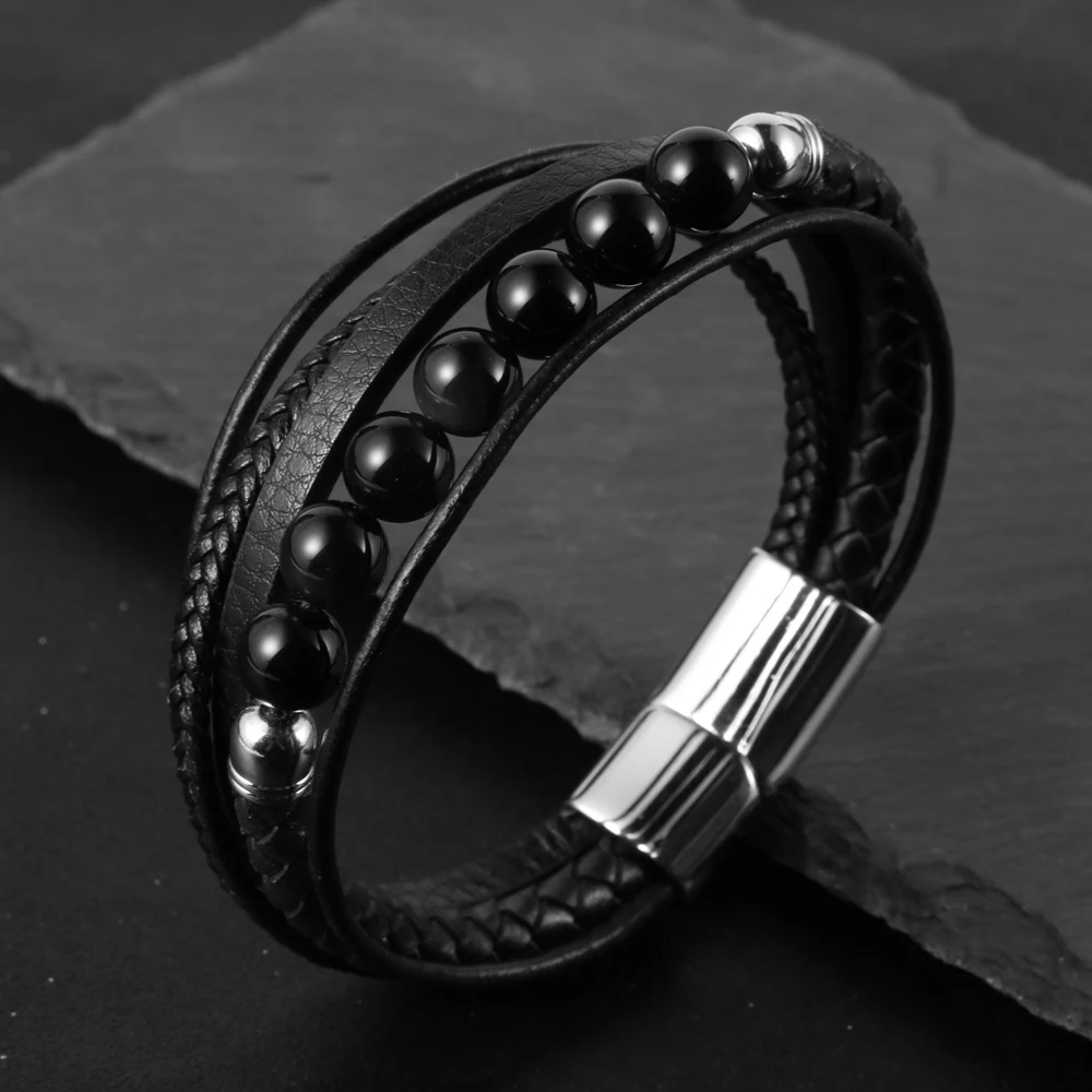 

Natural Stone Obsidian Turquoises Beads Layers Men Genuine Leather Bracelets Acier Inoxidable Buckle Pulseiras Masculina Bangle