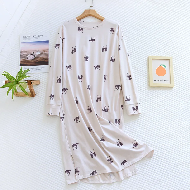 

Lovely Long-sleeved Pullover Nightdress Ladies Thin Knitted Cotton Long Skirt Pajamas Panda Knitted Nightgowns Women Sleepwear