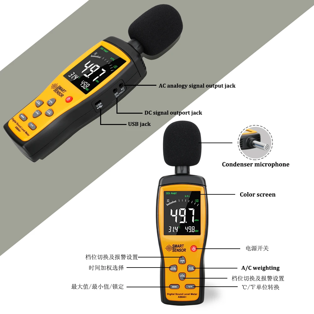 Цифровой измеритель уровня звука децибел аудиотестер 30 ~ 130 дБА цветной