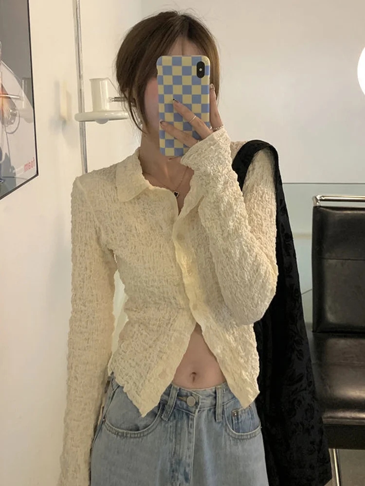 

Korean Fashion Long Sleeve Blouse Women Summer 2022 Sweet Sexy Girl Kawaii Crop Shirt Turn-down Collar Spring Elegant Blusas