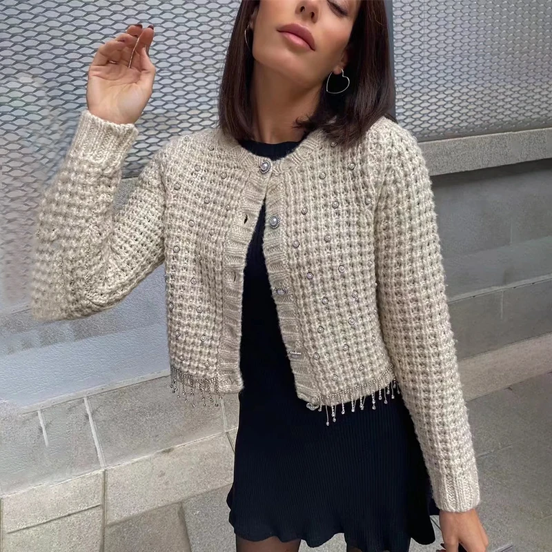 

Ardm O-Neck Jewelry Buttons Cropped Coat Women Knit Sweater Diamond Taseel Hem Winter Cardigan Chic Tops Tuxury New In Outwears