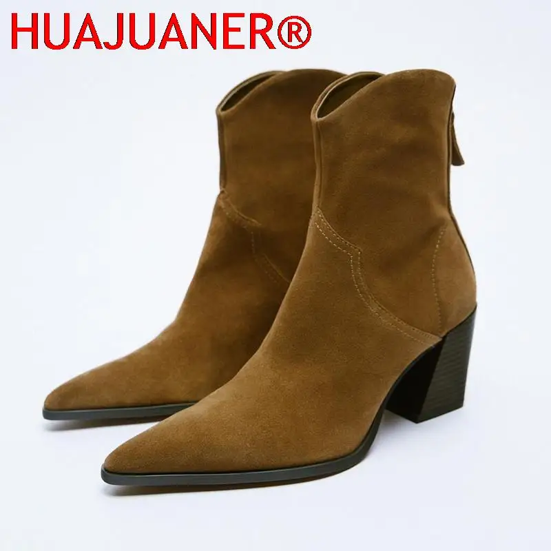 

Женские ковбойские ботинки на высоком каблуке, ботильоны с острым носком, обувь на шпильке для осени и зимы, 2023