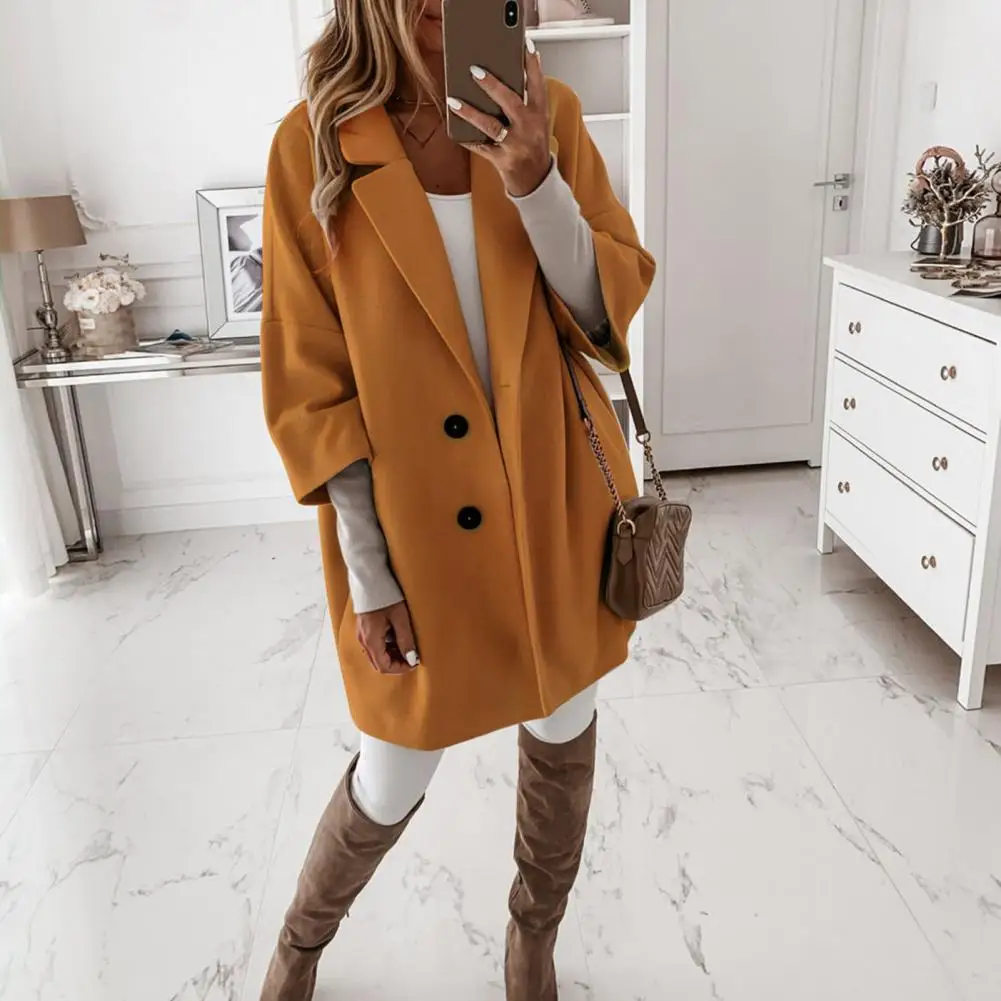 

Women Coat Solid Color Cardigan Elegant Buttons Loose Three Quarter Sleeves Turn-Down Collar Formal Autumn Jacket Women Clothes