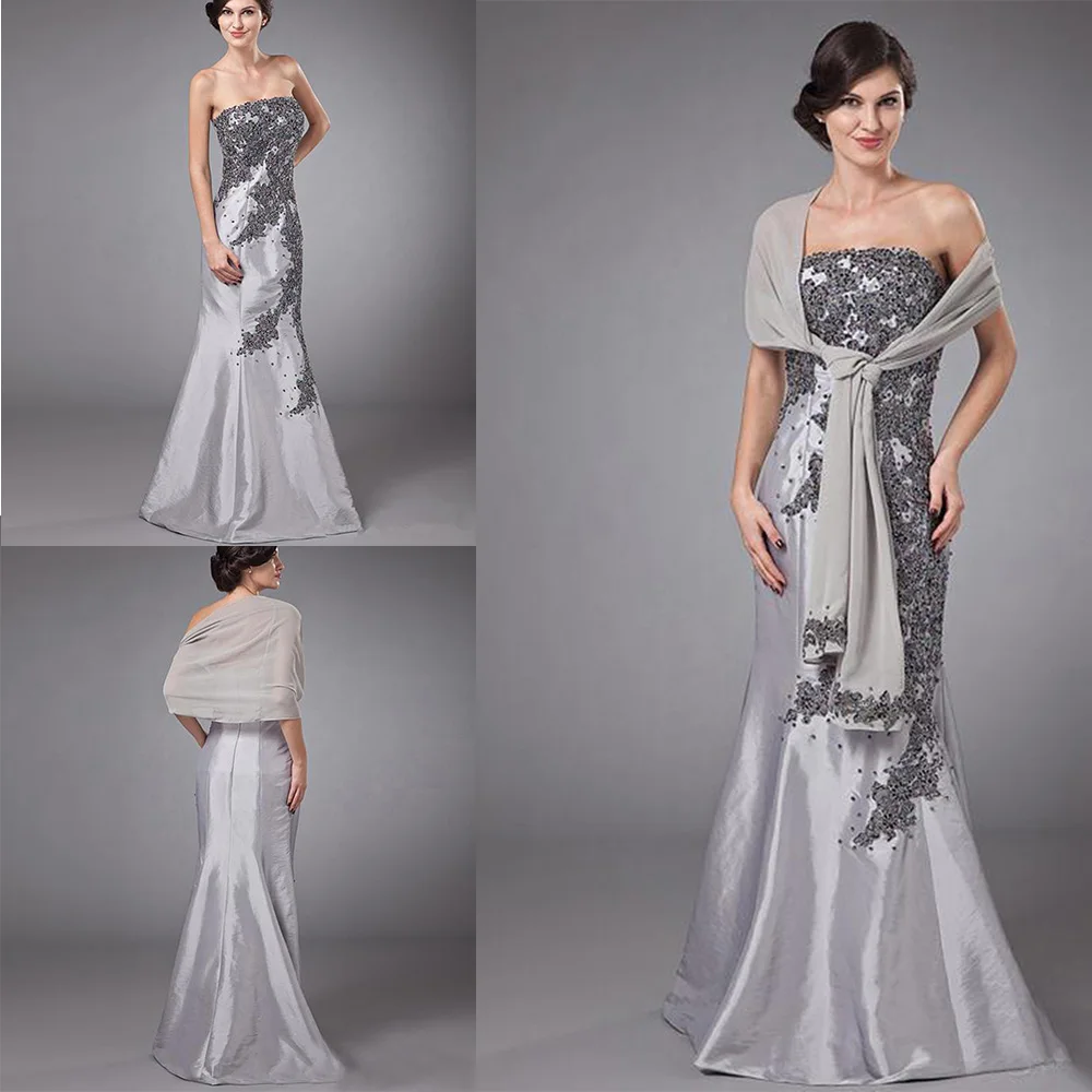 

Mother Of The Bride Dresses With Shawl Strapless Evening Dresses Lady Women Formal Wear Beads Applique Mother Groom Dresses