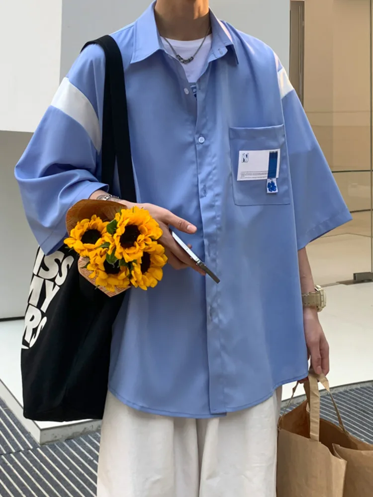 

SYUHGFA 2022 летняя рубашка с коротким рукавом для мужчин с одним карманом в стиле пэчворк Свободная Повседневная футболка в Корейском стиле топ...