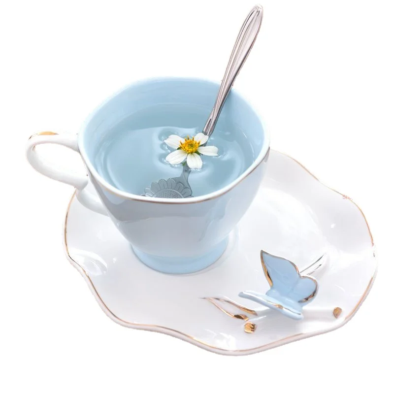 

Exquisite Butterfly Bird Top Bone China 220ml Coffee Cup Saucer Free Spoon Ceramic European Porcelain Tea Mug Mugs Coffee Cups