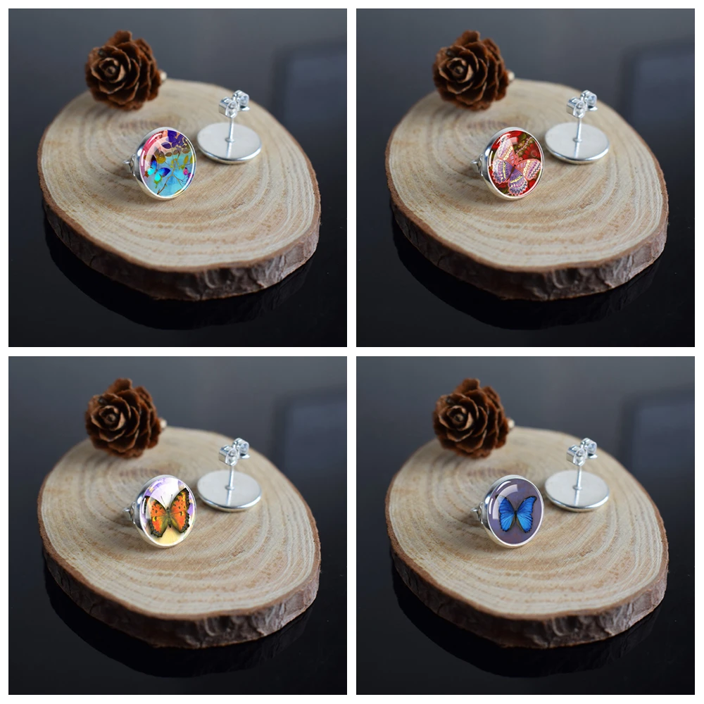 

Colorful Butterfly Earrings Flower Butterfly Flying Glass Dome Jewelry Silver Stud Earrings For Women Fashion Ear Ring Cute Gift
