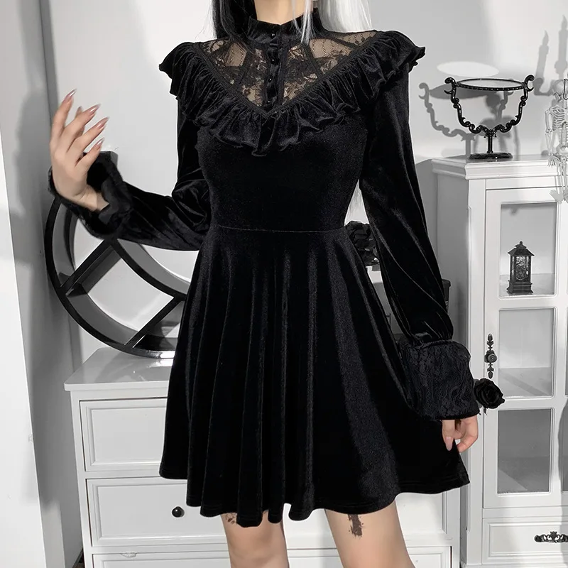

Темно-черное бархатное кружевное короткое платье для женщин, весна-осень 2022, женские сетчатые платья с высокой талией и оборками SXHLYQ514