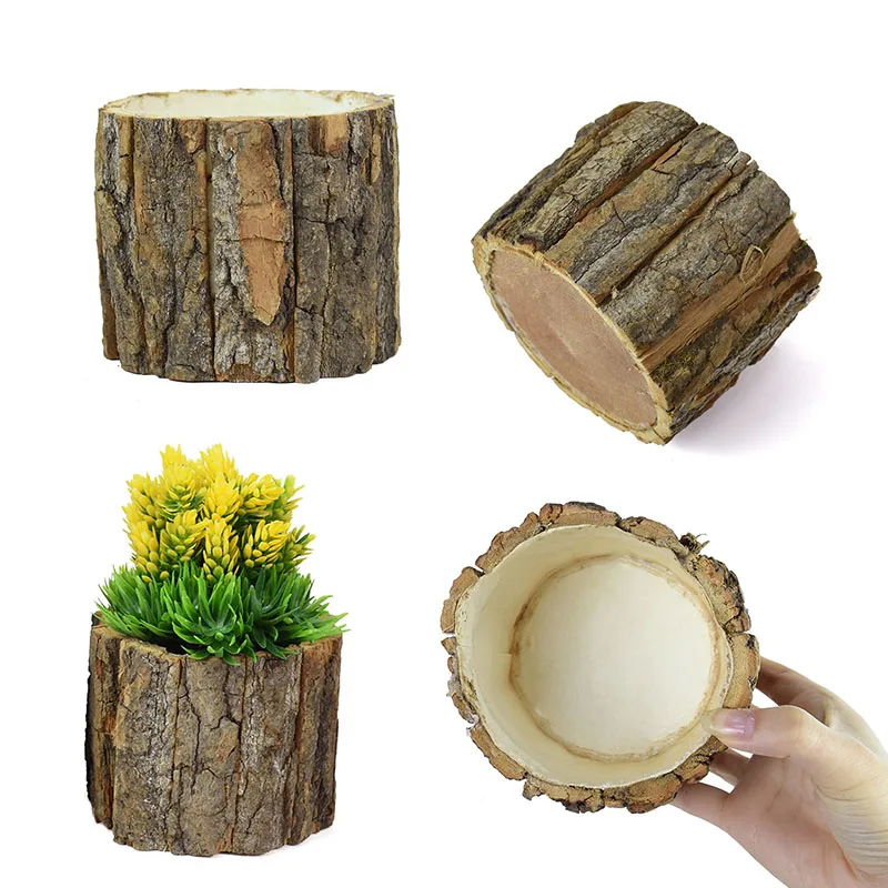 Garden Bark Flower Flowerpot Creative Pot Planter Round Basket Hollow Wooden Stump Plant Bonsai Wedding Home Decoration |