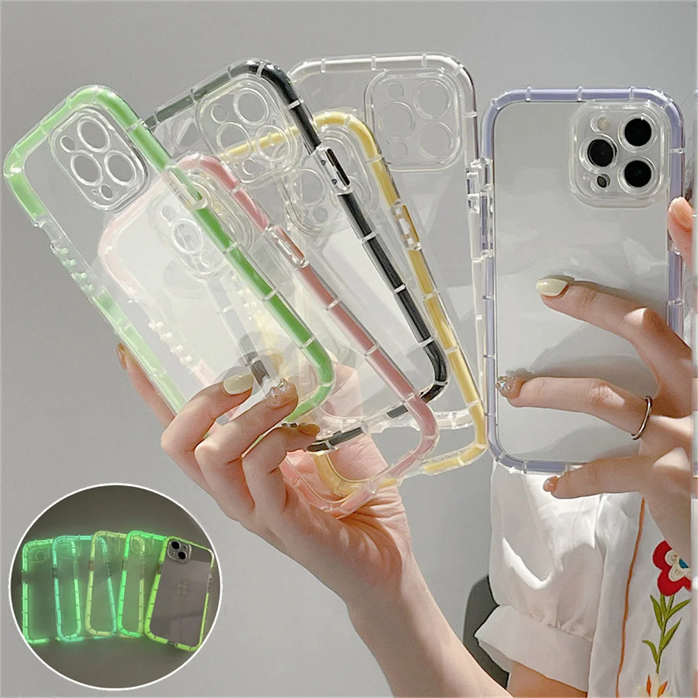 

USLION Luxury Luminous Color Frame Case For iPhone 13 Pro Max Transparent Shockproof TPU Cover For iPhone 11 12 Pro XS Max X XR
