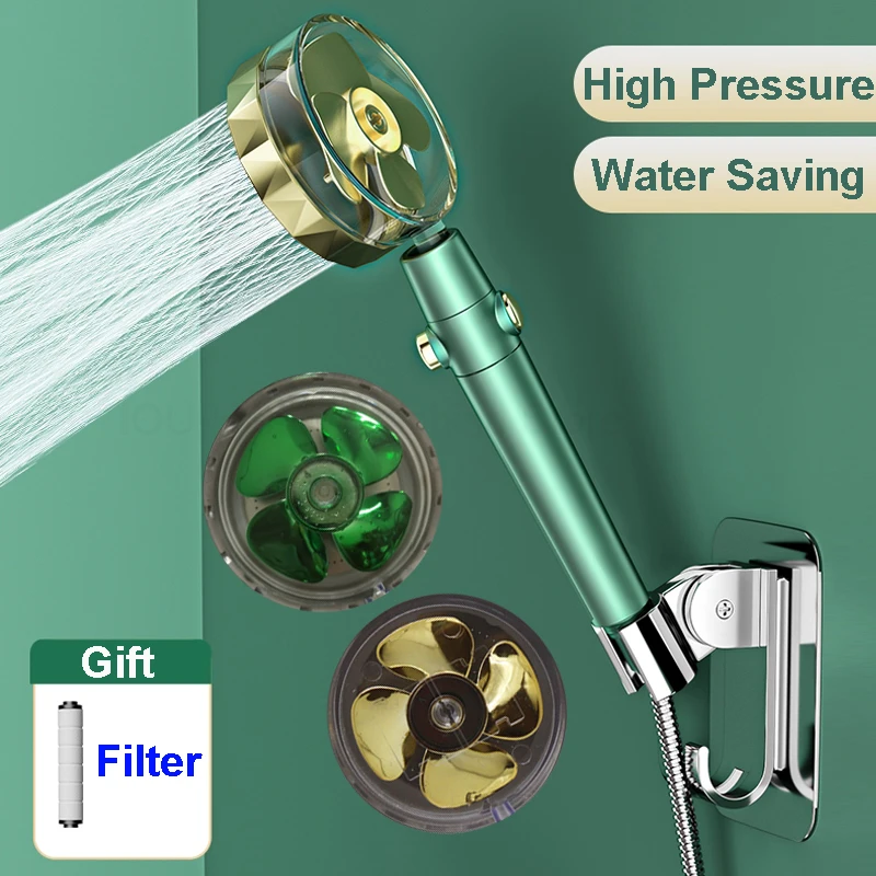 

Shower Head Green Handle Water Saving Flow 360 Degrees Rotating ABS Rain Turbine High Pressure Spray Nozzle Bathroom Accessories