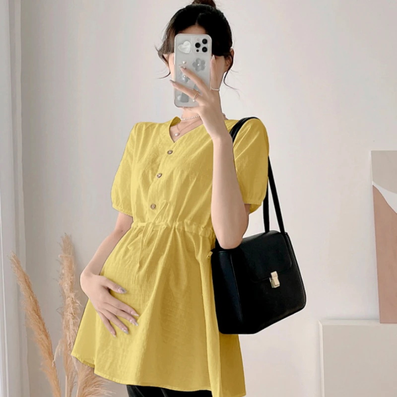 Summer Maternity Clothes Solid Cotton Breastfeeding Tops V Neck Nursing Clothings High Waist Pregnancy Blouses Pregnant Women