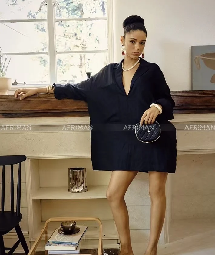 Женское свободное платье-рубашка из 100% льна с отложным воротником