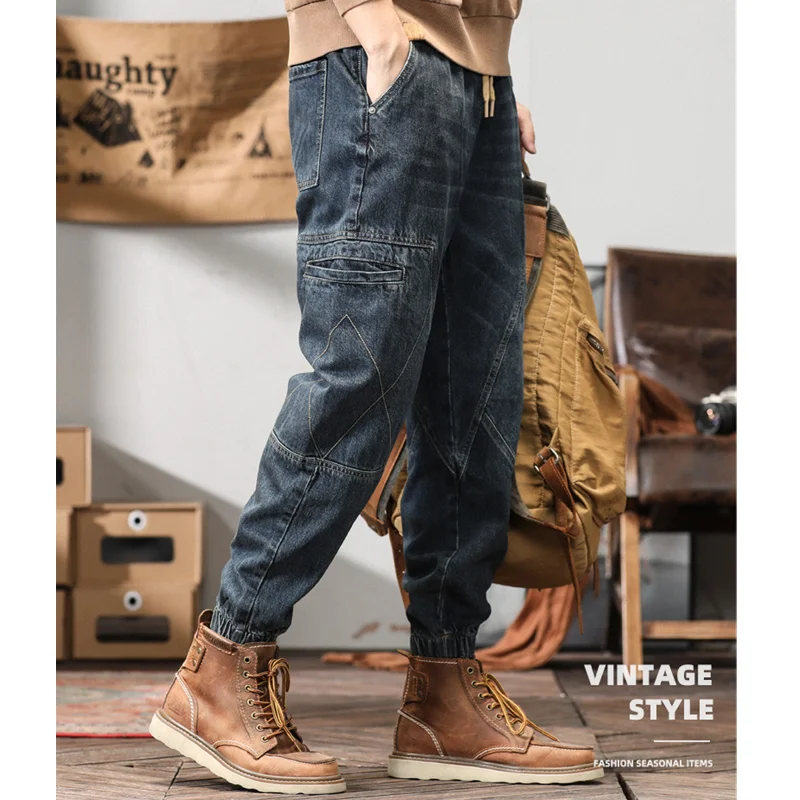 Men Clothing Vintage Loose Bluish Jeans Straight Cylinder Versatile Multiple Pockets Cargo Pants Female 2022 Autumn New Pattern