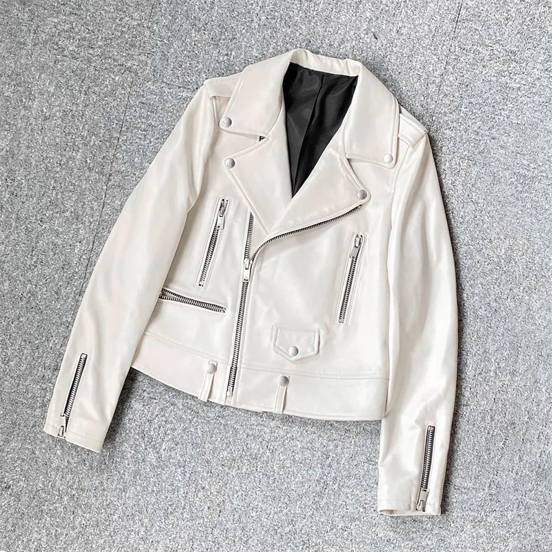 2022 Women New Trend  Asymmetrical Zipper Slim Genuine Sheepskin Leather Locomotive Jacket E11