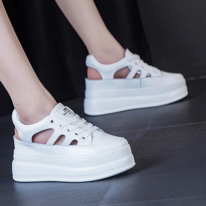 9CM Hollow Full Cow Genuine Leather Women Summer Shoes Platform Sneakers Wedge Hidden Heel Women Summer Sandals Platform Shoes
