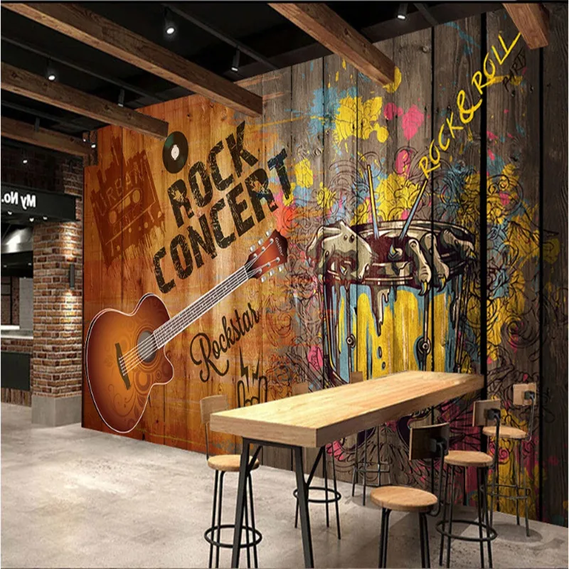 Nostalgic Fashion Guitar Rock Concert Theme Wall Paper 3D Bar KTV Graffiti Art Background Industrial Decor Mural Wallpaper 3D