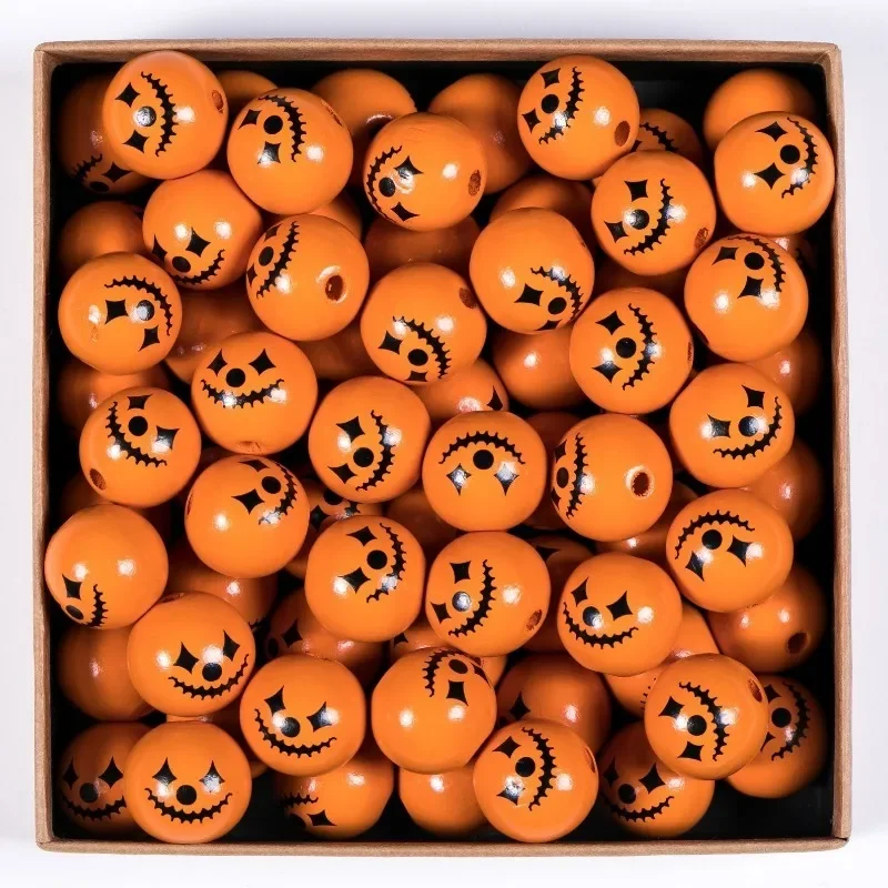 

10Pcs 25mm Halloween Wooden Beads Pumpkin Print Funny Face Round Beads DIY Fashion Custom Crafts Holiday Decoration Accessories
