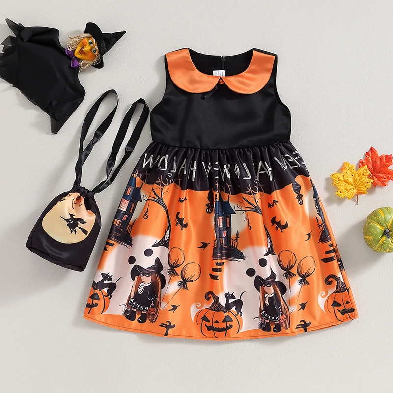 

Kids Girls Fall Halloween Dress Sleeveless Doll Collar Cartoon Print Party Dress Ball Gown with Candy Bag Outfit