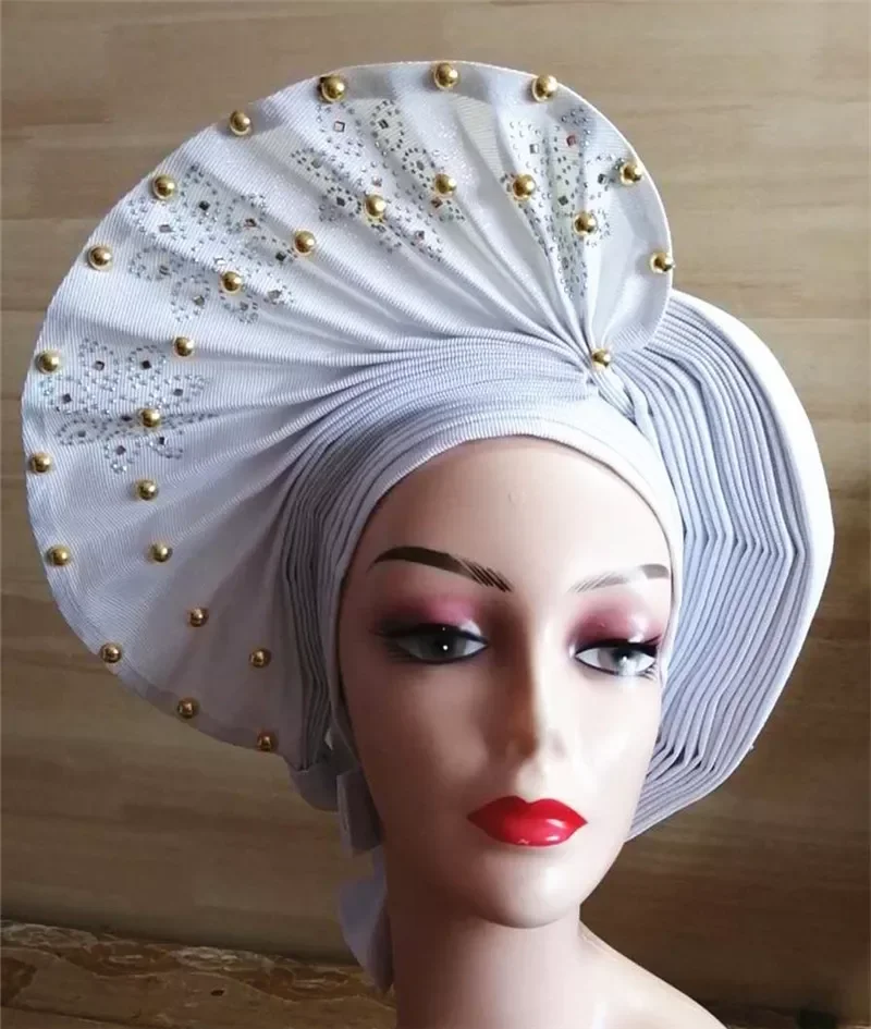

nigerian aso oke with beads women turban shawl african headties beaded fabric femme headgear sewing fabric for party