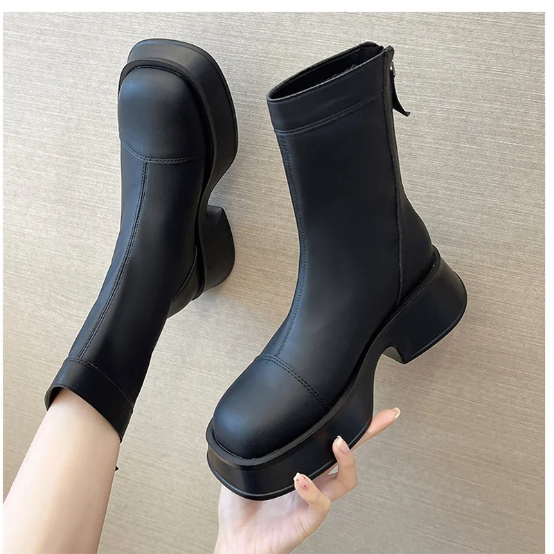 Zipper Shoes Fashion Boots Woman Boots-Women Round Toe Rock Punk 2021 Elegant Med Rubber Ladies Autumn Casual Retro Rome Basic