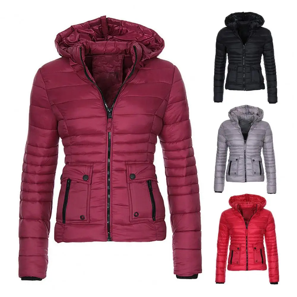 

Women Winter Coat Warm Hooded Casual Short Padded Jacket Long Sleeve Down Jackets Zipper Slim fit Outerwear