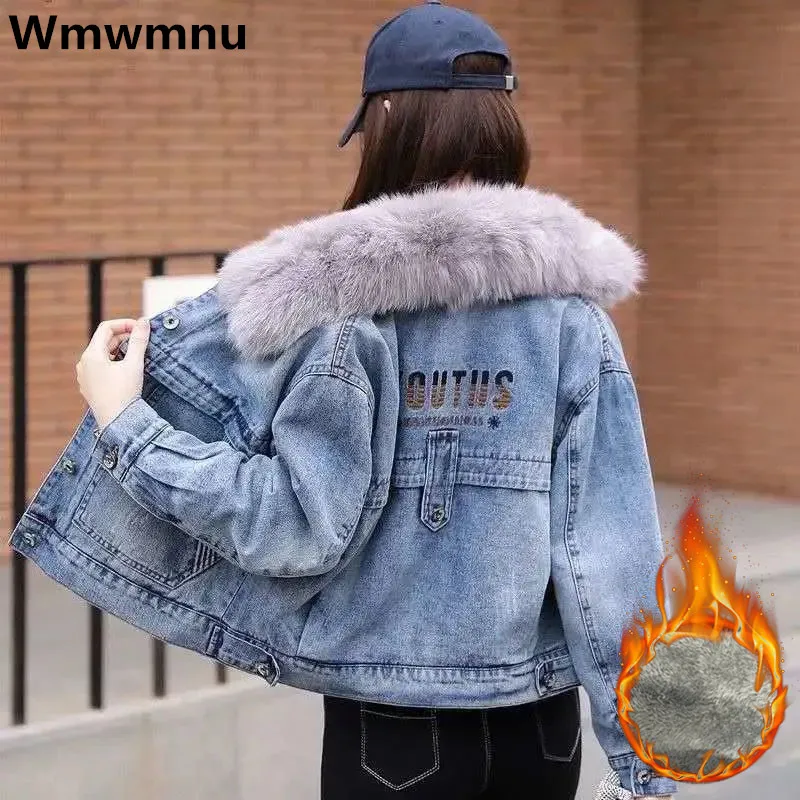 

Winter Warm Faux Fur Collar Short Jeans Coat Womens Thicken Velvet Denim Jacket Casual Plush Lined Oversized Vaqueras Jaqueta