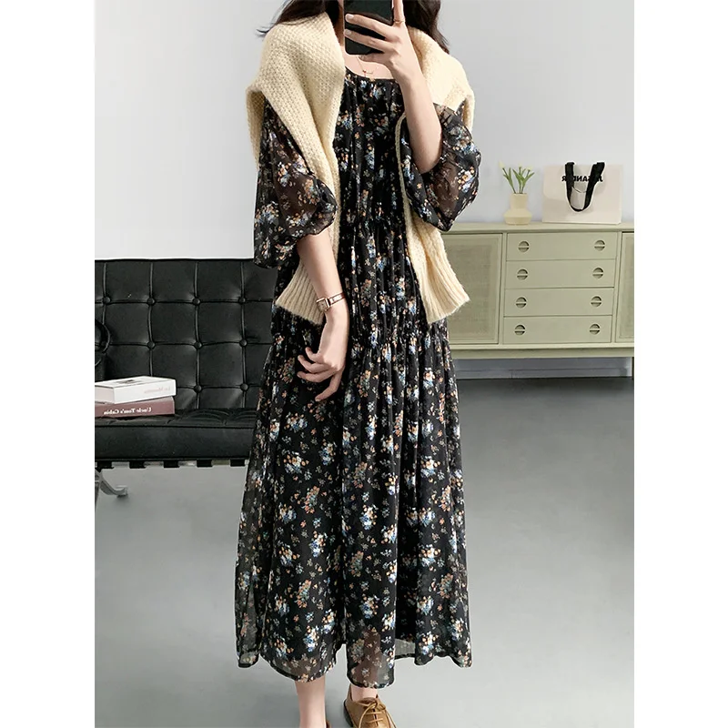 

Flower Waist Drawstring Round Neck Long Dress Black Brown Summer Spring Women Long Dresses