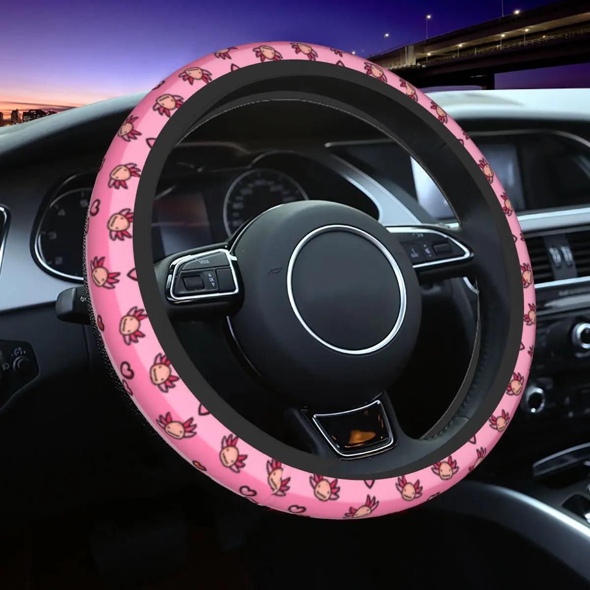 

Axolotl Love Tapestry Universal Steering Wheel Fit for Sedan Salamander Fish Pink Car Steering Wheel Protector Auto Accessories
