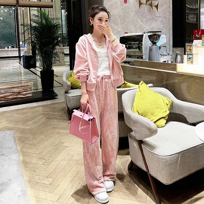 

Новый дизайн, осенняя одежда 2022, маленькая Тяжелая промышленная одежда, свитер на молнии с капюшоном и блестками, повседневные брюки, модный...