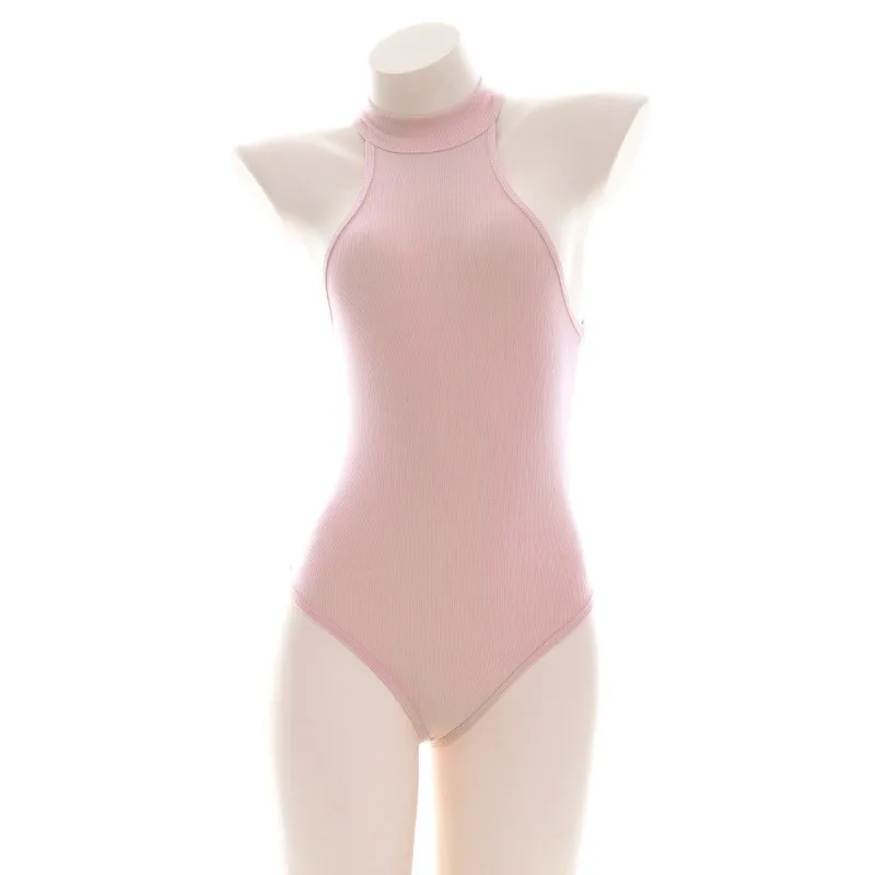Боди женское розовое Ребристое с высокой горловиной Милая Ночная рубашка в стиле