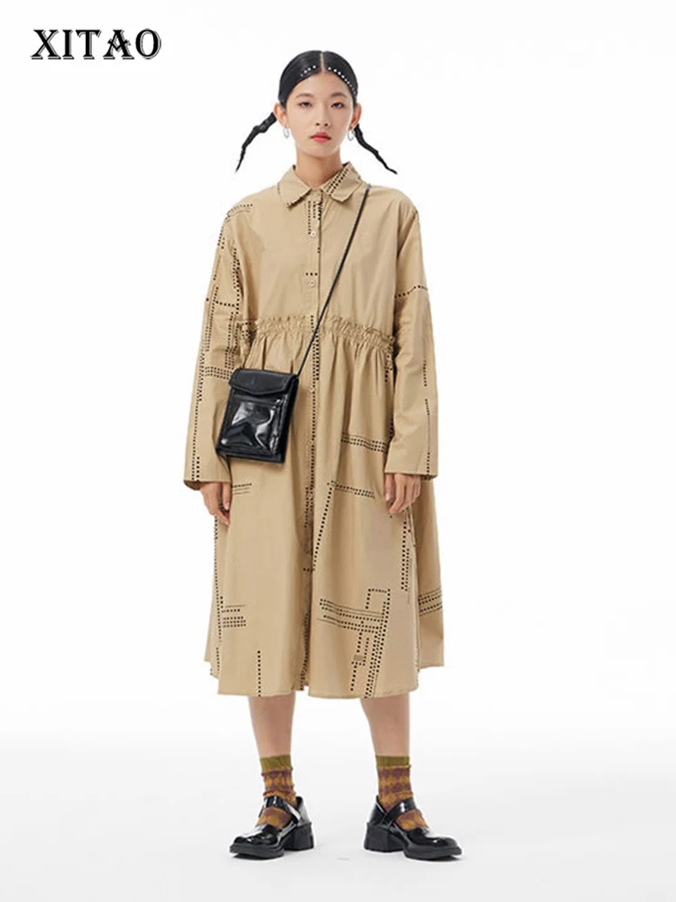 

XITAO Solid Color Patchwork Print Bandage Single Breasted Dress 2022 Spring New Arrival Casual Temperament All Match GWJ3118