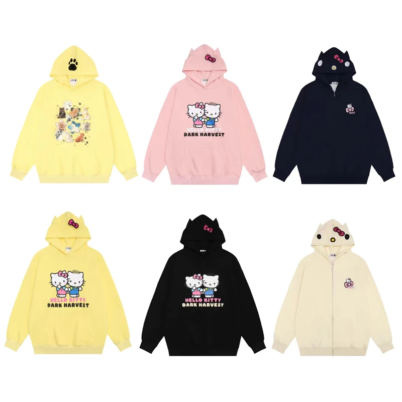 

Cartoon Sanrio Hellokitty Kt Hoodie Autumn Winter Kawaii Print Pure Cotton Casual Hooded Sweater Pullover Jacket Couple Gift