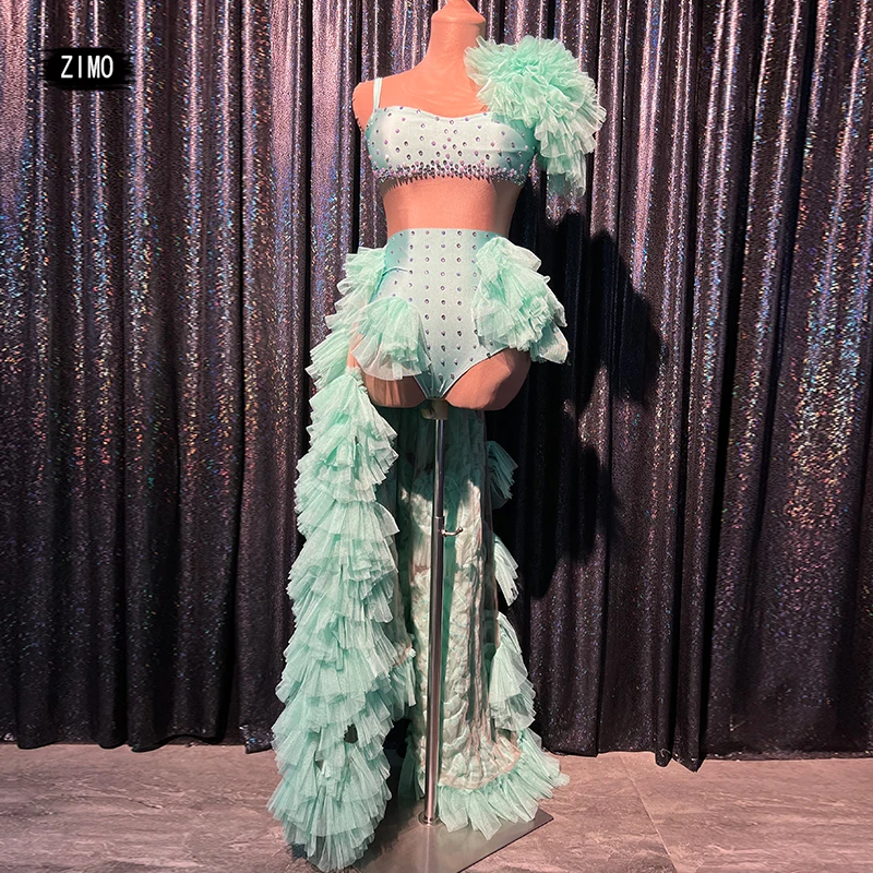 

Новое поступление, модное зеленое боди стразы, сетчатый танцевальный костюм для вечеринки, дня рождения, Клубное сексуальное трико, женские комбинезоны для выступлений