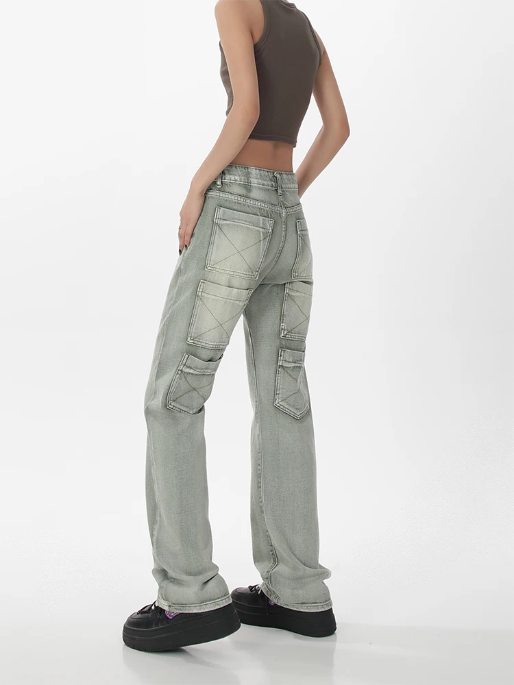 Retro Green Overalls Jeans Women's Fashion New Style Women's Trousers Sexy High Waist Loose Casual Trousers Vintage Streetwear