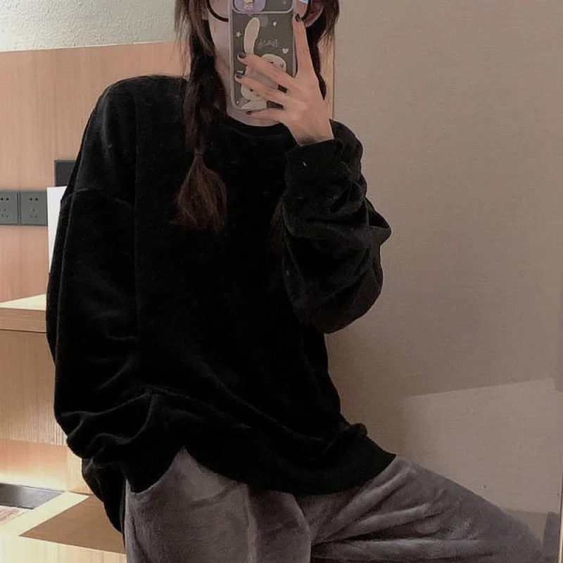 QWEEK Pj Sets for Women Kawaii Pajama Black Solid Color Loungewear Flannel Pijamas Girls Winter Home Wear Sleepwear Pyjamas Cute