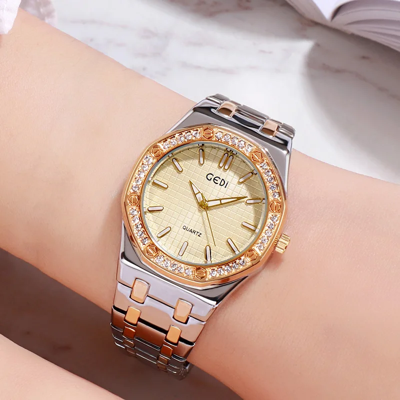 GEDI Golden Women Watches Luxury Brand Waterproof Diamond Stainless Steel Quartz Watch for Women New Trend Elegant Ladies Clock