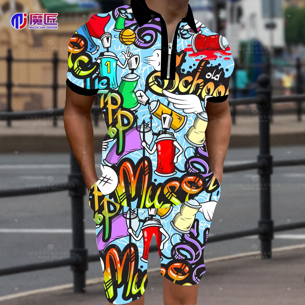 Anime 2023 New Summer Men's POLO Shirt 3D Cartoon Bomb Explosion Print Shorts Strange Shirt Harajuku Hip Hop Magic Shirt Set