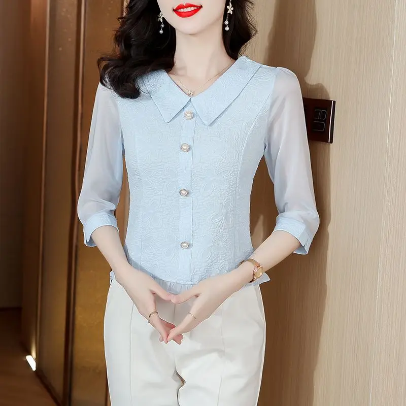 

Женский Свободный Топ с воротником «Питер Пэн», повседневный однотонный топ на пуговицах с рукавом 2023, весна-лето 3/4